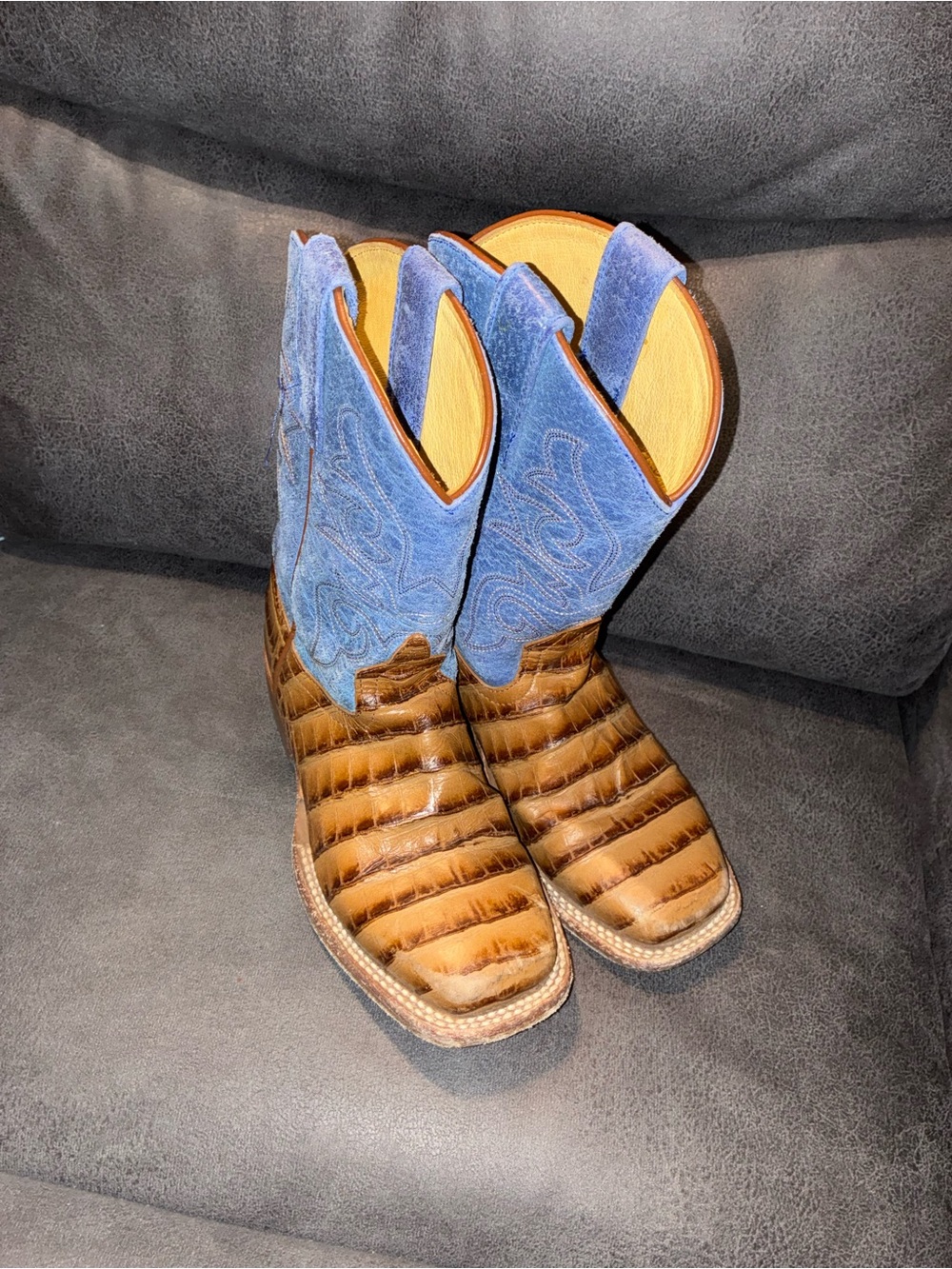 HP Brown Croc-Texture Foot with Blue Suede Shaft Cowboy Boots
